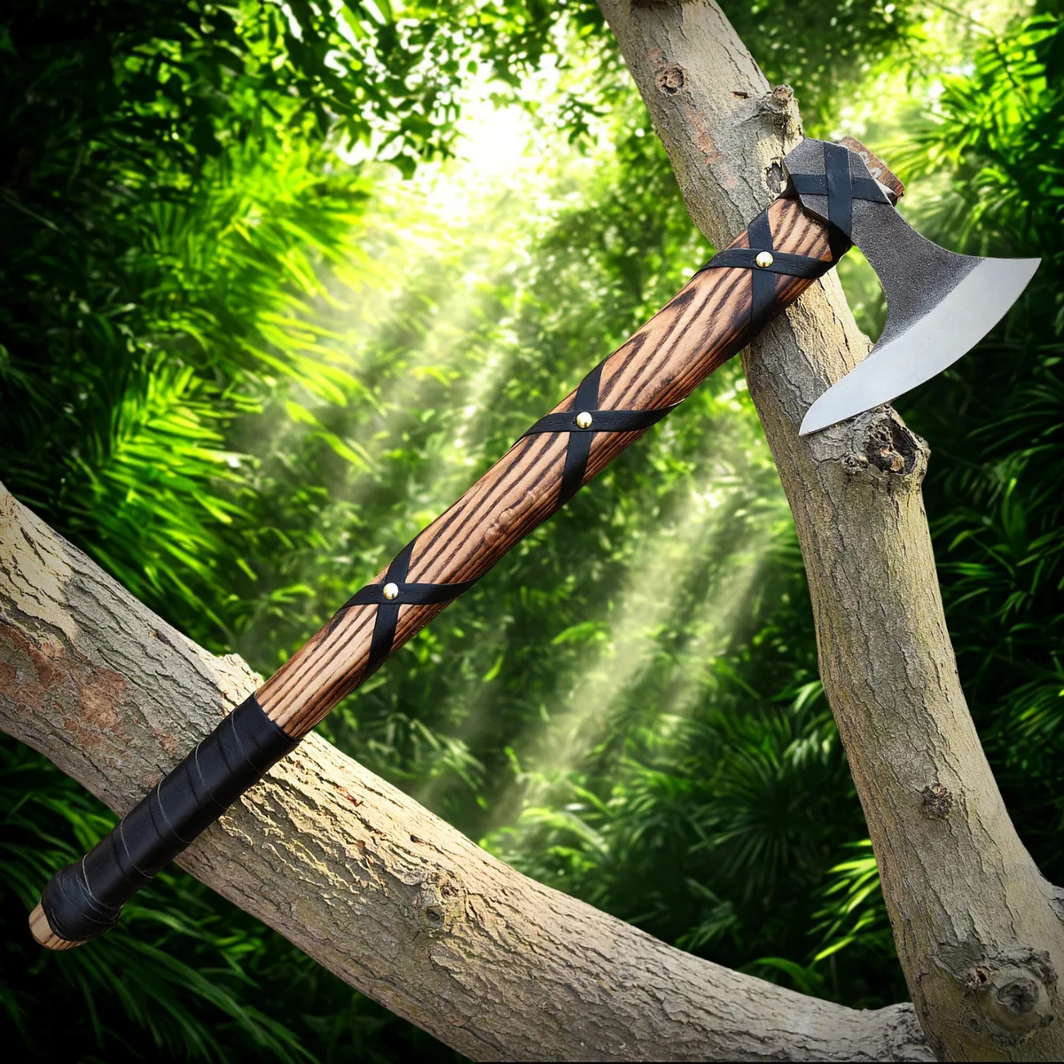 DBK-15-V1 Viking-Style Throwing Axe with Handcrafted Wooden Handle and Leather Wrapping