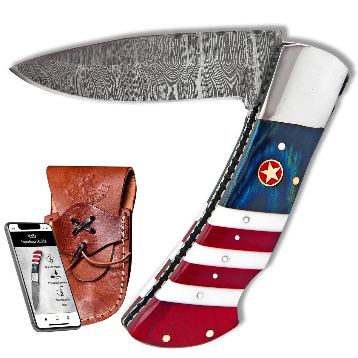 FLL-02-V1 Damascus Steel Folding Knife with Flag Handle ? High-Quality EDC Tool