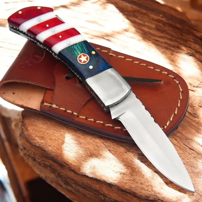 FLL-02-V2-FOLDING Damascus Steel Folding Pocket Knife with American Flag Handle and Leather Sheath