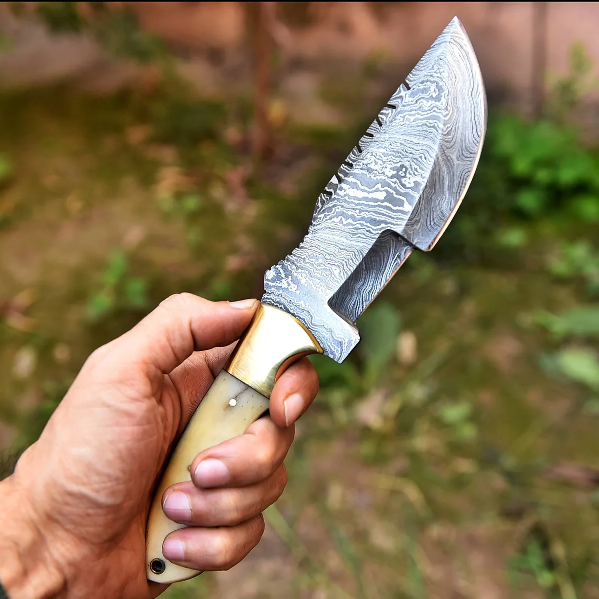 MIA-07 Hand-Crafted Damascus Steel Knife with Polished Bone Handle and Intricate Brass Accent for Outdoor Enthusiasts and Collectors