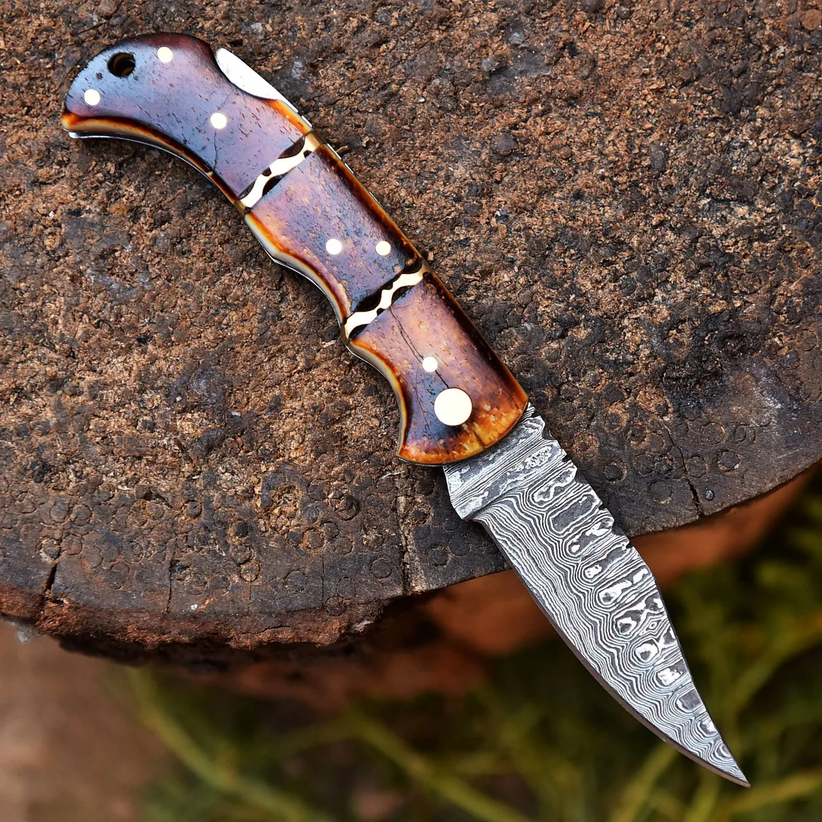 RIA-379 Handcrafted Damascus Steel Folding Pocket Knife with Unique Antler Handle for Outdoorsmen, Collectors, and Knife Enthusiasts