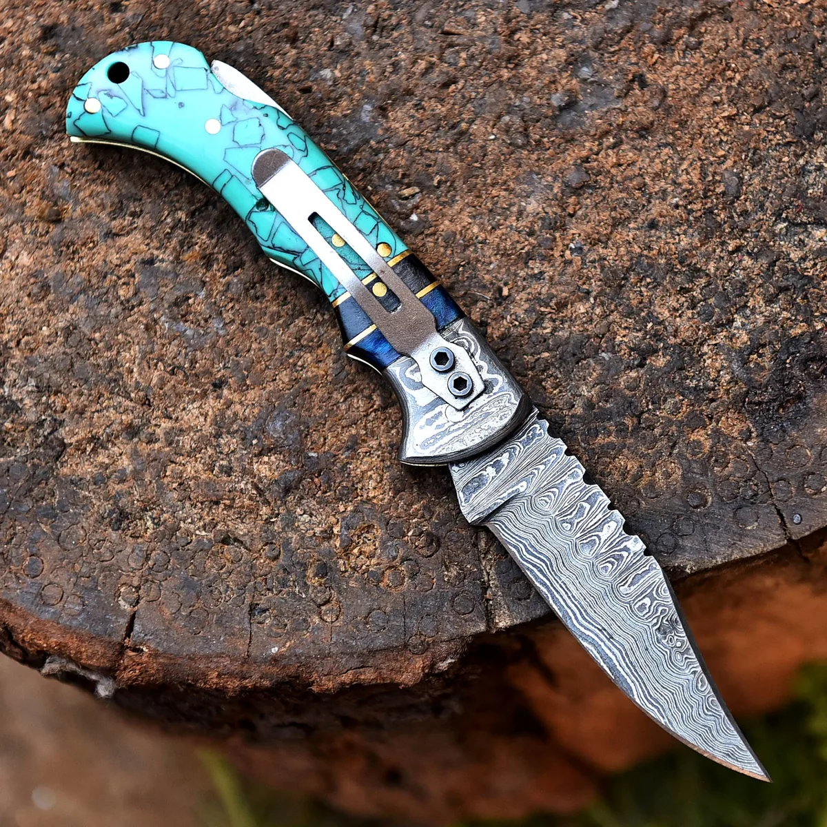 RIA-384 Handcrafted Damascus Folding Pocket Knife with Turquoise Resin Handle - Perfect for Collectors, Hunters, Outdoor Adventure Gift