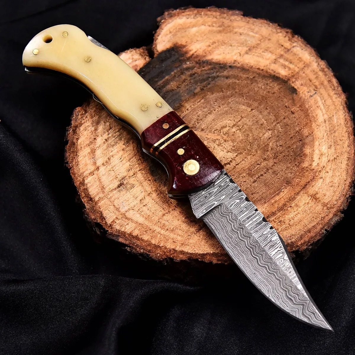 RIA-401 Handcrafted Damascus Steel Folding Knife with Engraved Bone Handle for Outdoor Enthusiasts and Collectors, Premium Gift Item