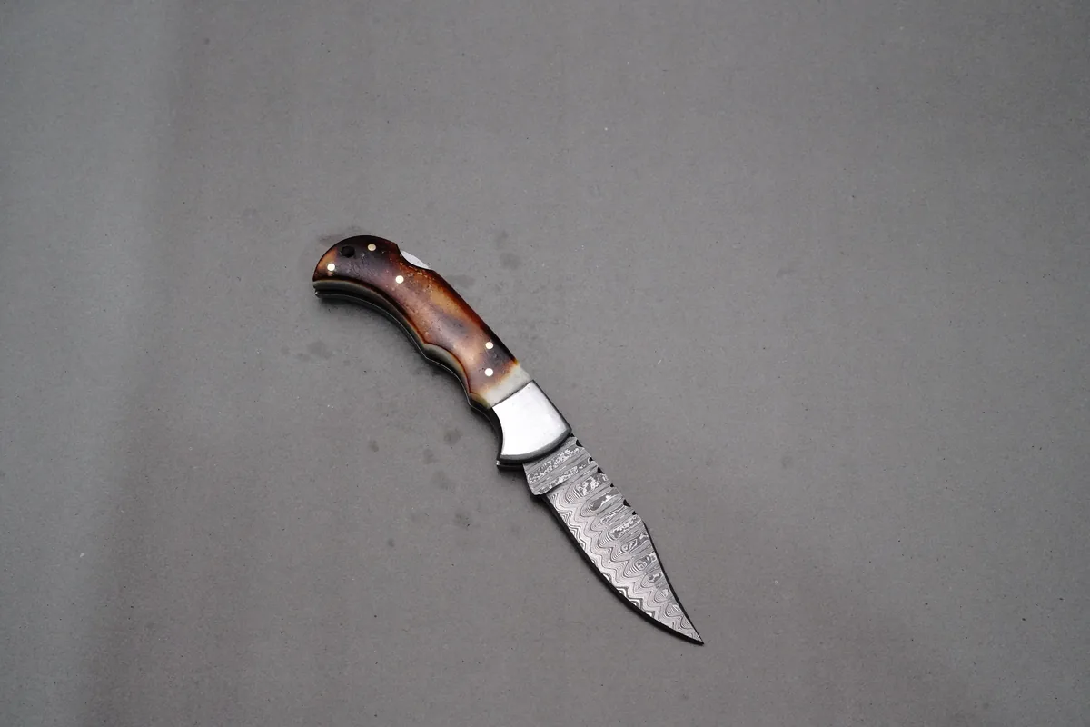 RIA-407 Damascus Steel Custom Folding Knife Handcrafted With Exotic Hardwood Handle For Outdoor Enthusiasts And Collectors Gift