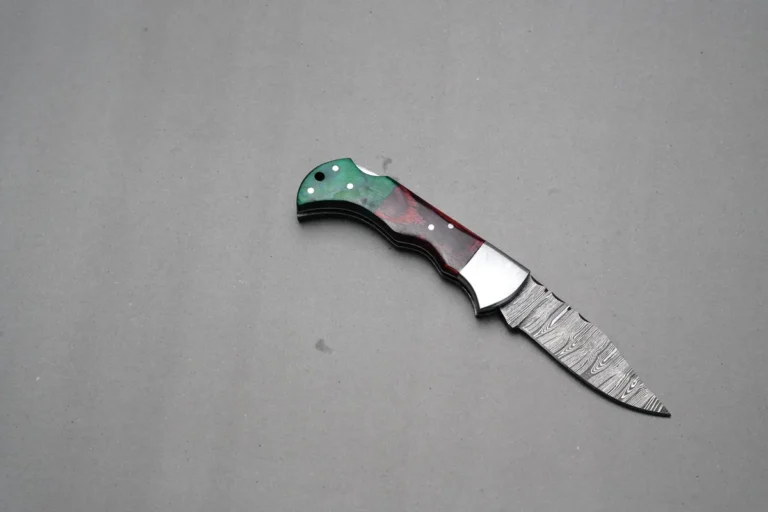RIA-465 Exquisite Handcrafted Damascus Steel outdoor lifestyle Knife with Unique Colorful Burl Wood Handle for Collectors and Outdoor Enthusiasts
