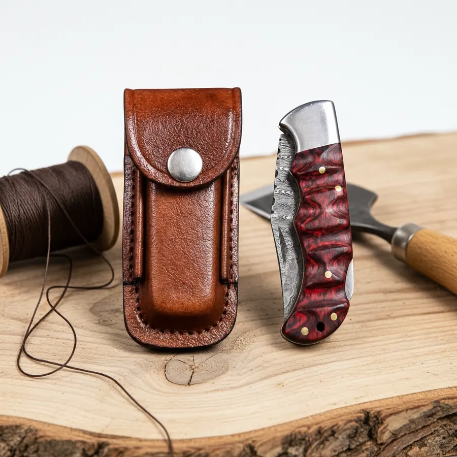 ZHD-03 Premium Handcrafted Damascus Steel Folding Pocket Knife with Exotic Wood Handle and Leather Case - Perfect for Collectors & Gifting