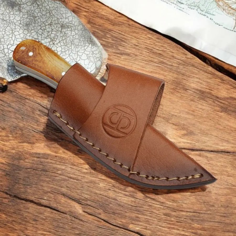 BC-02 Handcrafted Damascus Steel outdoor lifestyle Knife with Polished Bone Handle and Leather Sheath for Outdoor Enthusiasts and Collectors