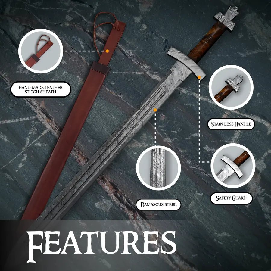 DAMSK-04 Hand-Forged Damascus Steel Viking Sword – Full Tang Medieval Sword with Walnut Wood Handle & Leather Sheath – Gift for Him