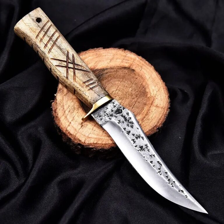 MIA-628 Custom Hand-Forged Damascus Steel Viking Knife with Engraved Wood Handle and Leather Sheath for Outdoor Adventures and Collectors
