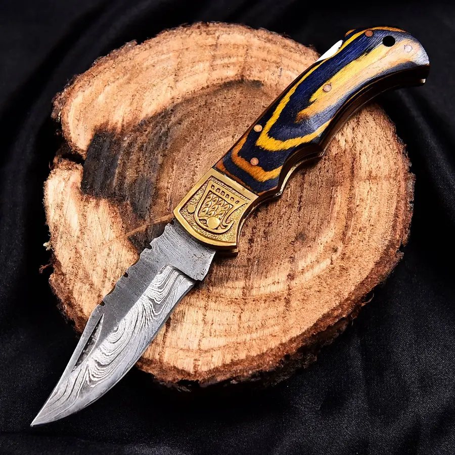 MIA-741 Authentic Handcrafted Damascus Steel Folding Knife with Intricately Carved Handle Perfect for Outdoor Adventure and Collection