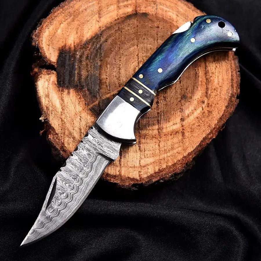 RIA-414 Exquisite Handcrafted Damascus Steel Folding Pocket Knife with Intricate Wood Handle Design for Outdoor Adventures and Collectors