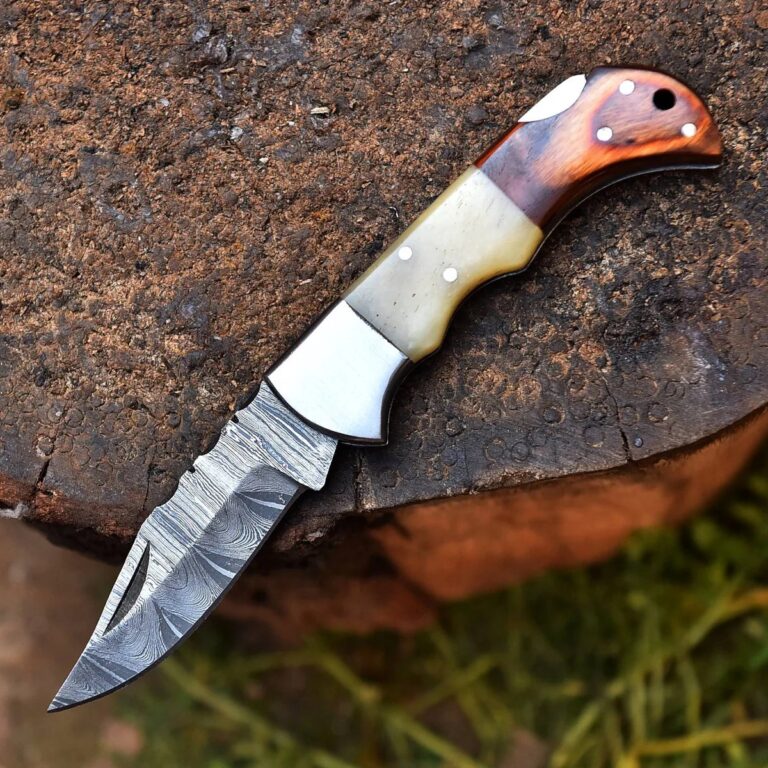 RIA-477 Handcrafted Vintage Damascus Steel Folding Pocket Knife with Exotic Wood and Bone Handle for Outdoor Adventures and Collectors