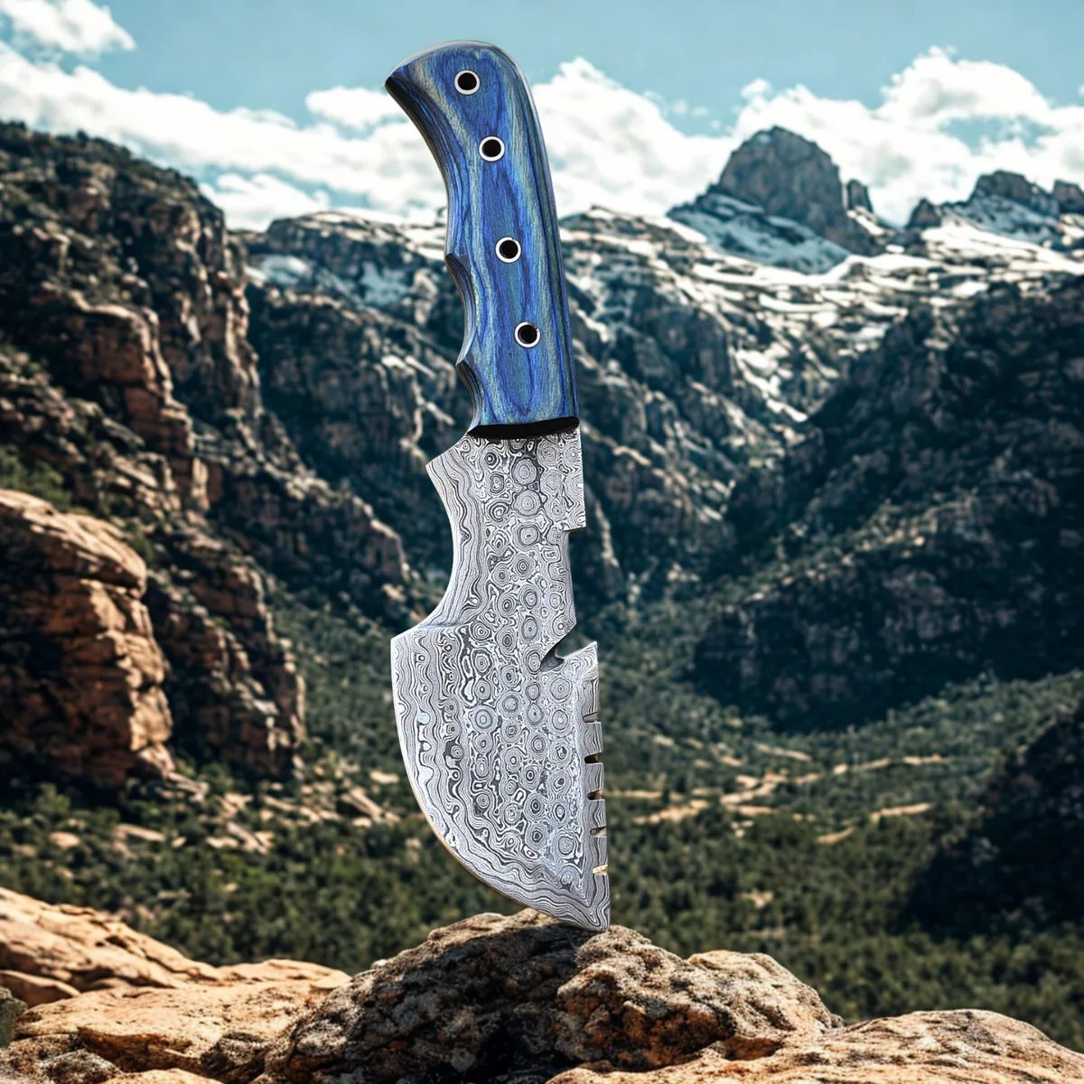 SK-08-V3 Handcrafted Tracker Knife with Blue Wood Handle and Damascus Steel Blade